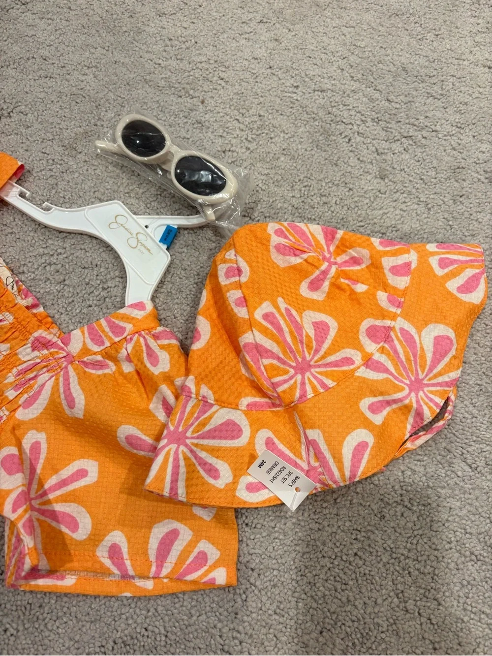 NWT Jessica Simpson Smocked Baby Romper with matching hat & glasses 24 mo